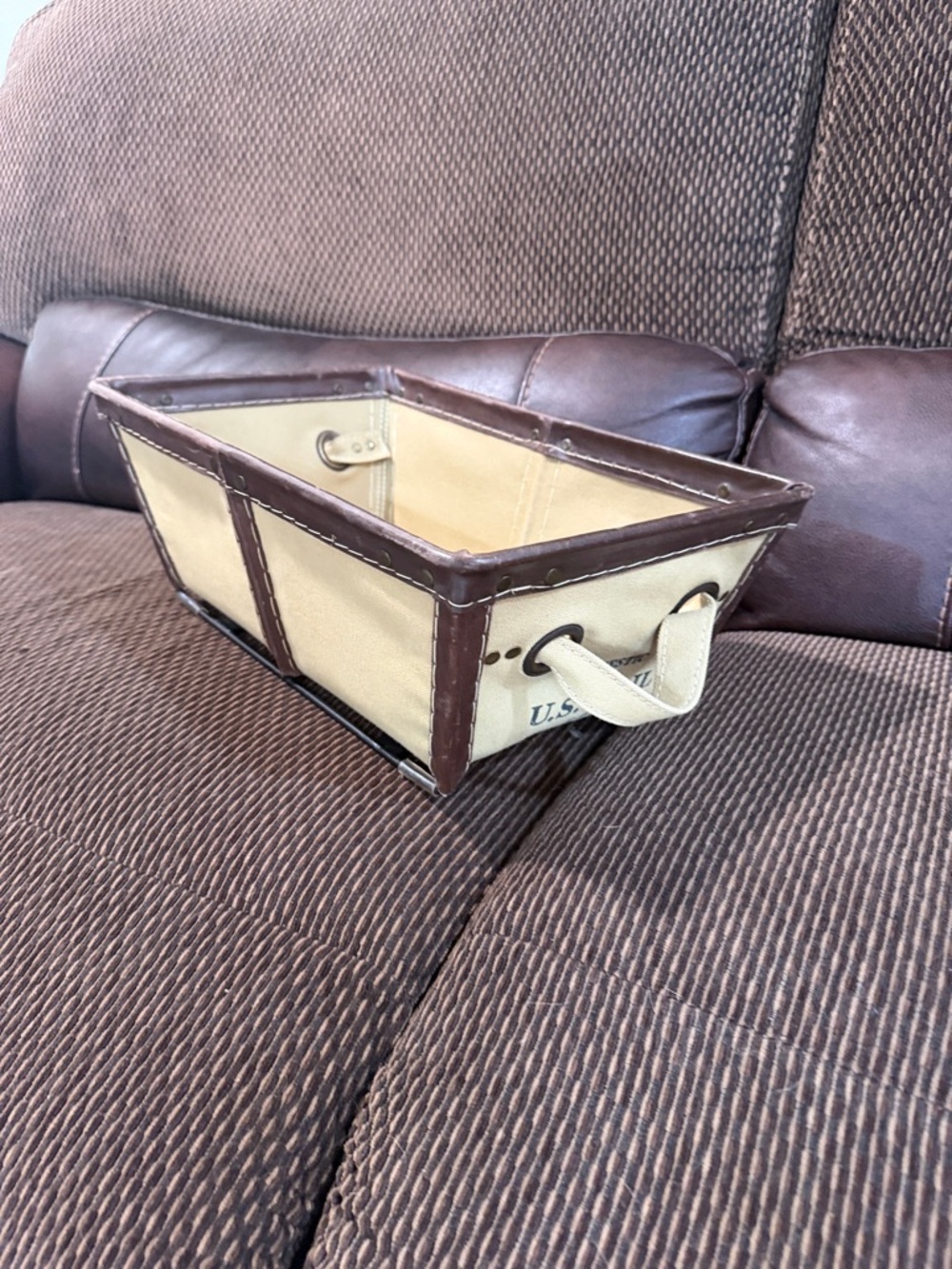 Pottery Barn Beige Canvas  with Brown Trim mail basket